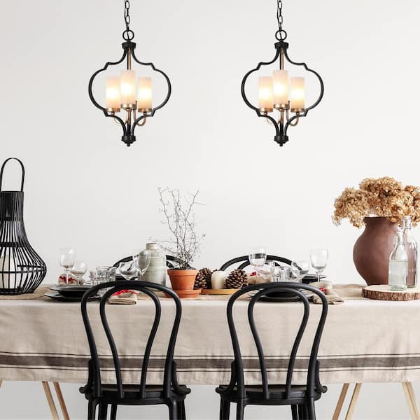 Modern 3-Light Black and Gold Chandelier with Glass Shade Candlestick Pendant Light