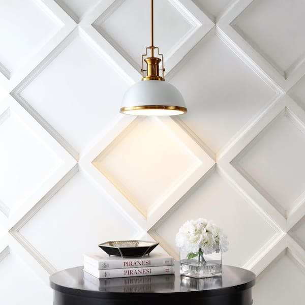 Homer 13 in. 1-Light Brass Gold/White Modern Industrial Iron LED Dome Globe Pendant