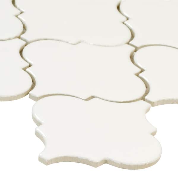 Whisper White Arabesque 10-1/2 in. x 15-1/2 in. x 8 mm Glossy Ceramic Mesh-Mounted Mosaic Wall Tile (11.7 sq. ft. /case)