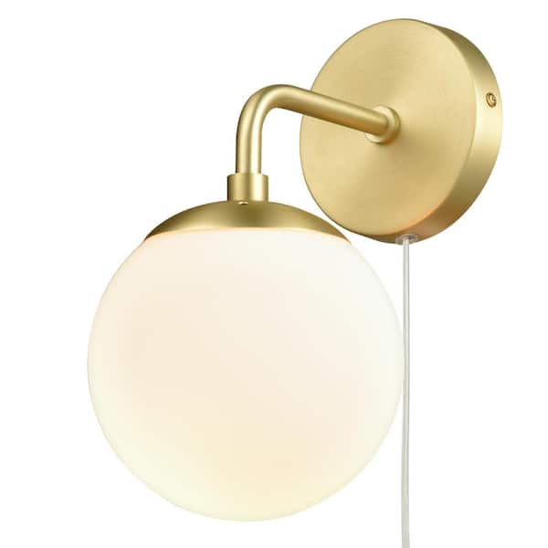 Greta 4.75 in. Brushed Brass/White Globe Plug-In Wall Sconce with Glass Shade