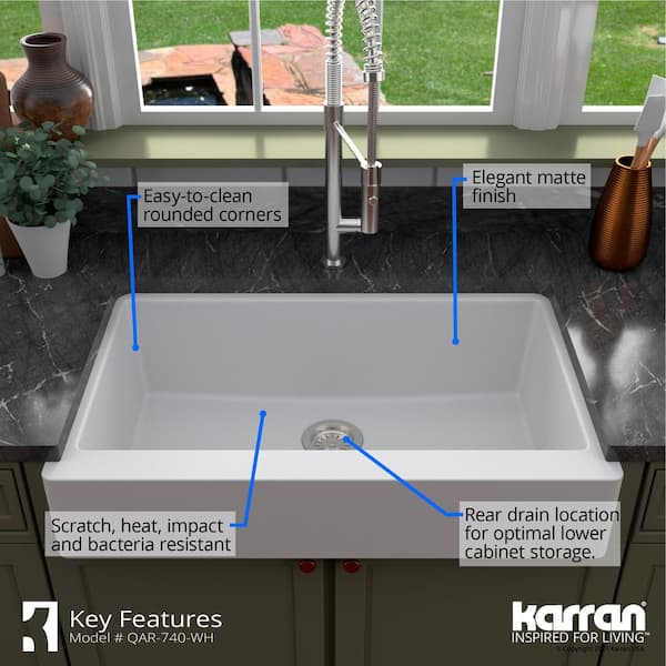 QAR-740 Quartz/Granite 34 in. Single Bowl Retrofit Farmhouse/Apron Front Kitchen Sink in White with Grid and Strainer