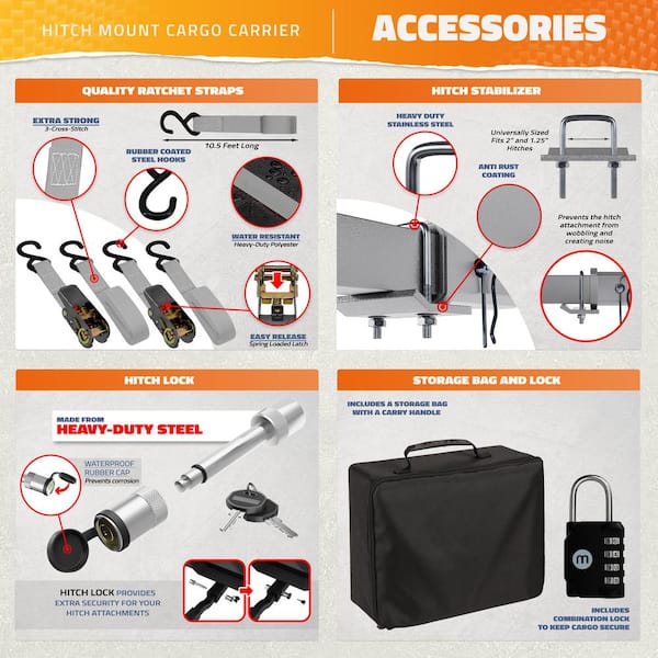 500 lb. Capacity Gray Hitch Mount Cargo Carrier Basket with 16 cu. ft. Cargo Bag, Net, Straps, Folding Shank, 2in. Raise