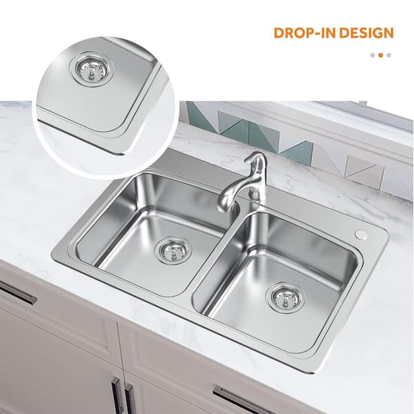 All-in-1-Drop-In Stainless Steel 33 in. 2-Hole 50/50 Double Bowl Kitchen Sink with Pull-Out Faucet
