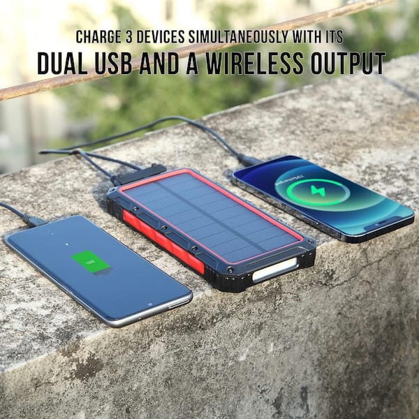 16000 mAh Solar Power Bank - Qi Portable Wireless Charger with USB Type C Input for Apple iPhone and Android Phones
