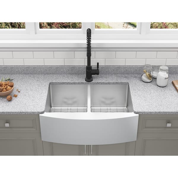 Parketon Undermount Stainless Steel 30 in. 50/50 Double Bowl Curved Farmhouse Apron Front Kitchen Sink