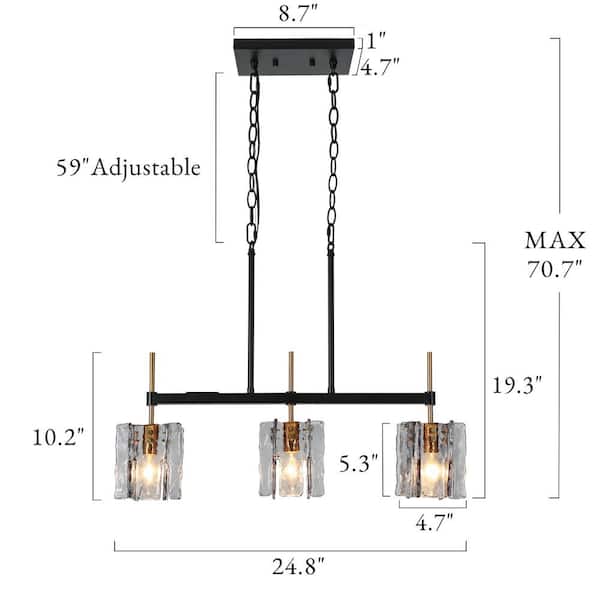 Echonalyri Modern Island 3-Light Glam Matte Black and Plating Brass Chandelier with Geometric Textured Glass Shades