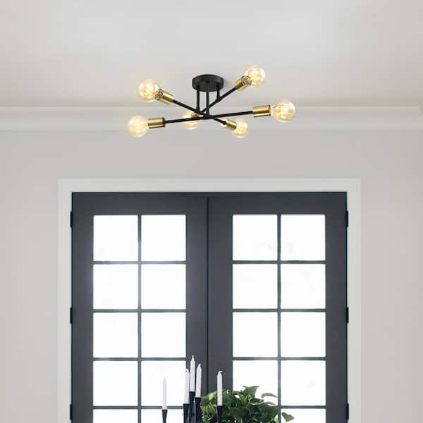 Trident 25.5 in. 6-Light Black and Gold Sputnik Semi Flush Mount Ceiling Light