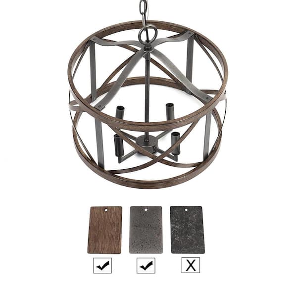 4-Light Rust Black Drum Cage Candlestick Island Chandelier with Faux Wood Accents