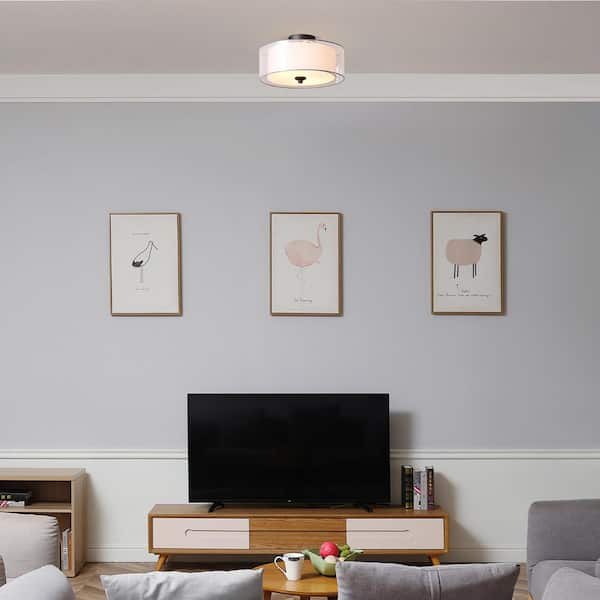 15 in. 2-Light Matte Black Semi-Flush Mount Ceiling Light with White Linen Inner Shade and White Organza Outer Shade