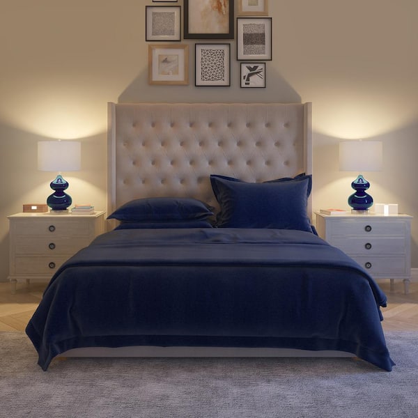 Katrina 23 in. Navy Blue Glass and Satin Nickel Table Lamp with Fabric Shade