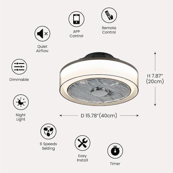 16 in. Indoor Gray Low Profile Ceiling Fan with Dimmable LED Light Modern Small Bedroom Ceiling Fan with Remote APP