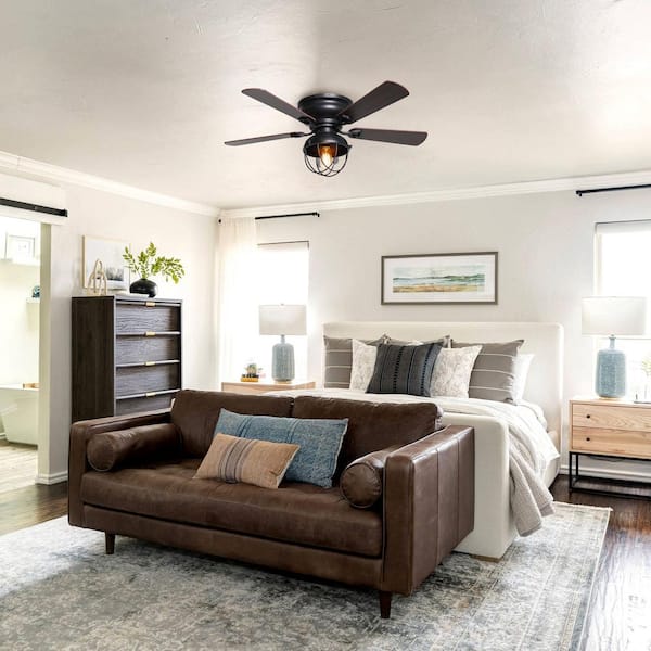 42 in. Industrial Flush Mount Black Ceiling Fan with Light Kit and Remote Control