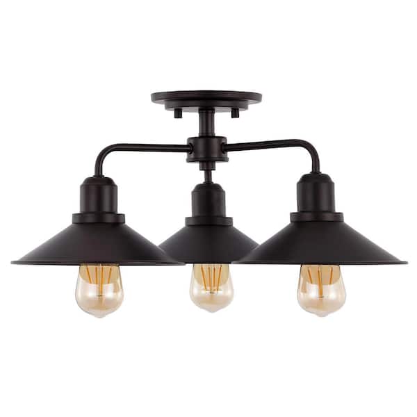 Calvin 18.5 in. 3-Light Iron Industrial Farmhouse LED Oil Rubbed Bronze Semi-Flush Mount Ceiling Light