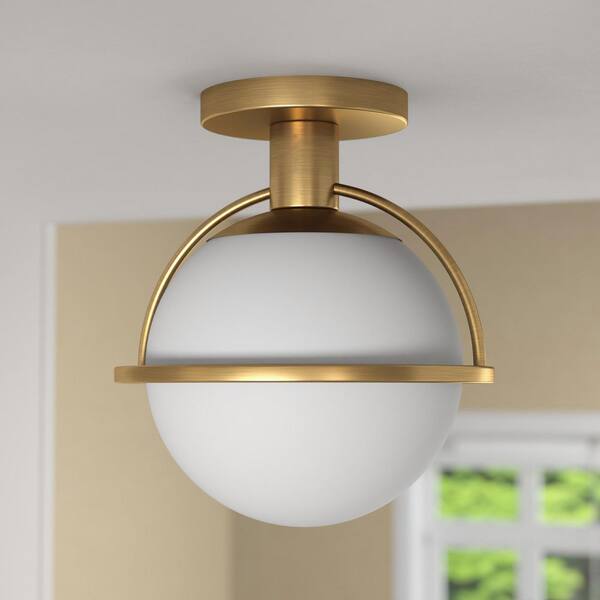 Cieonna 9.25 in. 1-Light Antique Brass and White Semi Flush Mount with Glass Shade