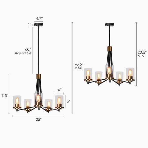 5-Light Modern Brass Gold Round Chandelier Lighting, Clear Glass Pendant Light Black Hanging Light