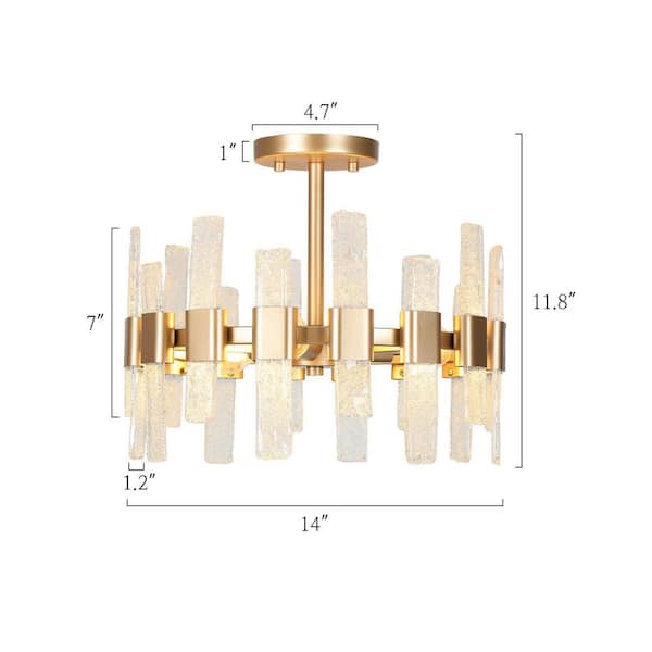 Modern Kitchen Chandelier Ceiling Light, 14.2 in. 3-Light Gold Drum Cylinder Semi-Flush Mount with Ice Glass Strips