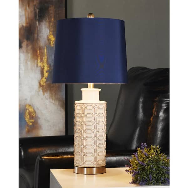 Link 26.75 in. Cream, Blue, Brushed Nickel Table Lamp