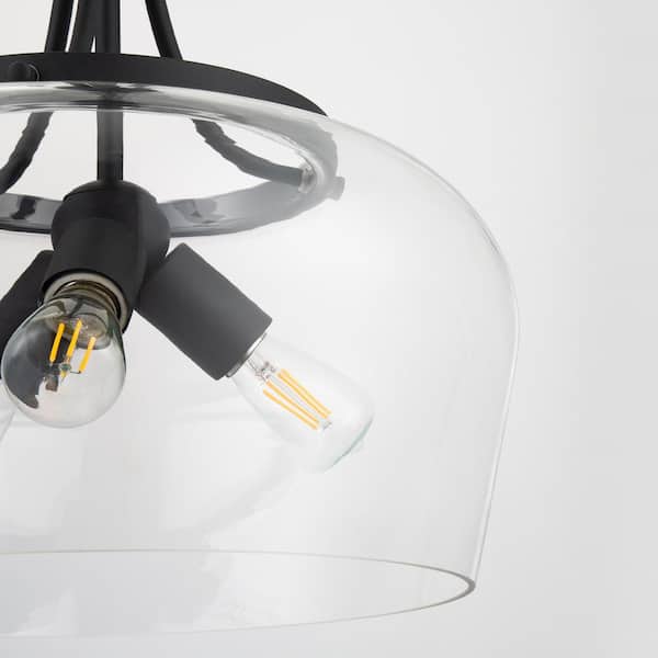 3-Light Matte Black Dome Pendant Light with Glass Shade
