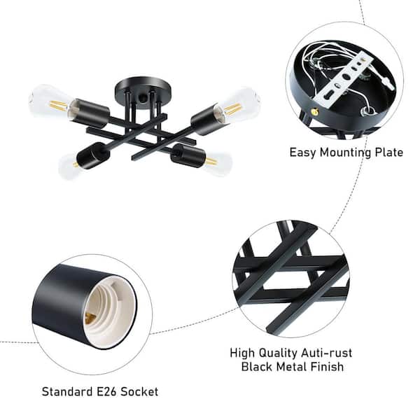 14 in. 4-Light Modern Sputnik Linear Black Metal Semi- Flush Mount Ceiling Lights Fixture Sputnik Chandelier Light