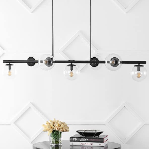 Luca Parisian 53 in. 7-Light Black/Clear Modern Glam Iron Globe Linear LED Pendant Light, Black
