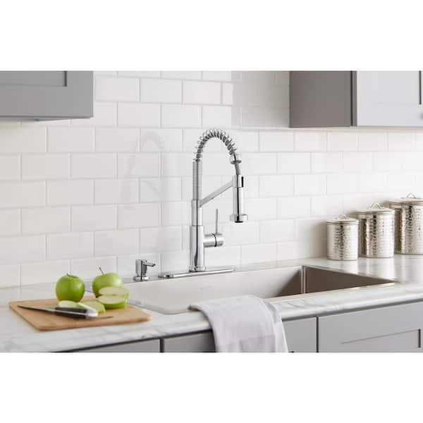 Gage Single-Handle Spring Neck Pull-Down Sprayer Kitchen Faucet with Soap Dispenser in Polished Chrome