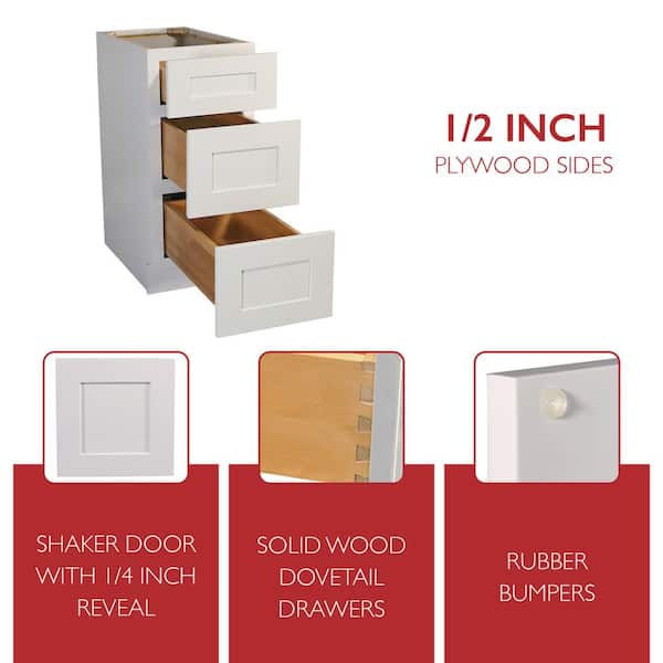 Brookings Plywood Ready to Assemble Shaker 15x34.5x24 in. 3-Drawer Base Kitchen Cabinet in White