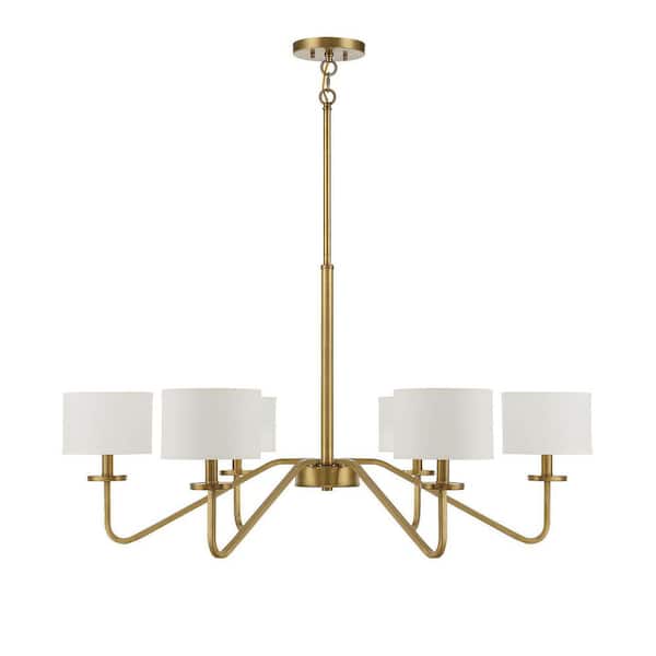 Meridian 42 in. W x 18 in. H 6-Light Natural Brass Chandelier with White Fabric Shades