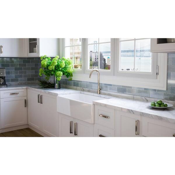 Luxury White Solid Fireclay 33 in. Single Bowl Farmhouse Apron Kitchen Sink with Polished Nickel Accs and Flat Front