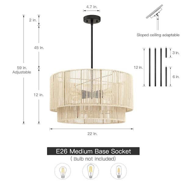 22 in. 4-Light Rattan Tiered Drum Pendant Chandelier Light with Black Canopy