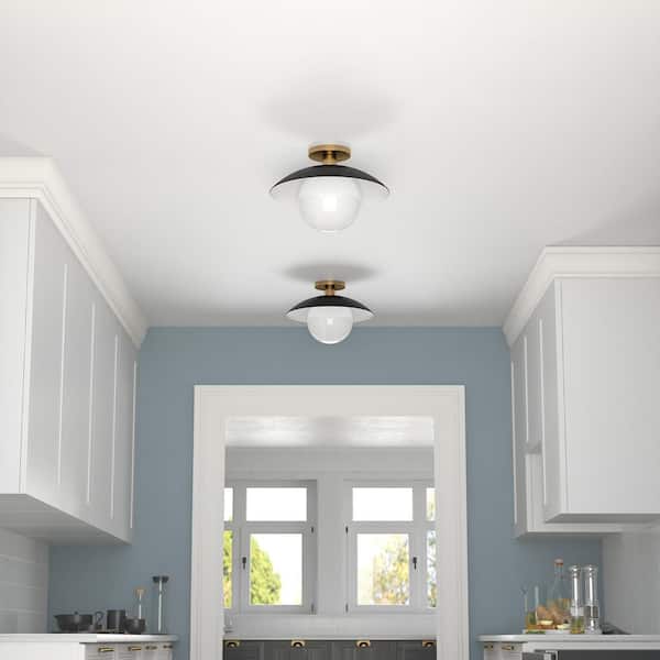 Alvia 14.5 in. Brass Matte Black and White Metal Semi-Flush Mount