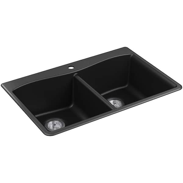 Kennon Drop-in/Undermount Granite Composite 33 in. Double Bowl Kitchen Sink with Sous Kitchen Faucet in Matte Black