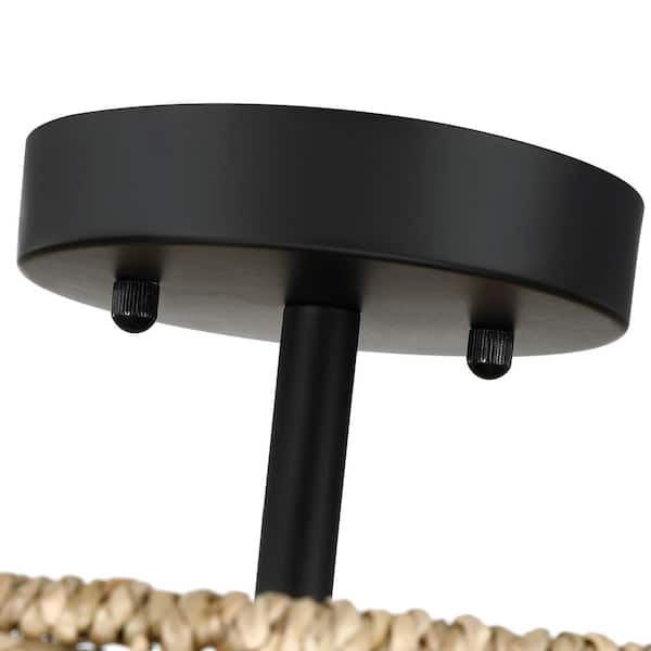 Seymour 13.6 in. 2-Light Black Canopy Rattan Drum Semi-Flush Mount Ceiling Light with Black Canopy
