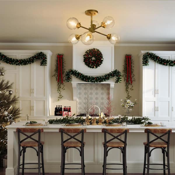 Modern Matte Gold Sputnik 6-Light 25 in. Semi-Flush Mount Ceiling Light with Clear Globe Glass Shades for Dining Room