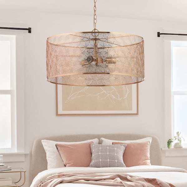 Juliet 3-Light Gold Metal Drum-Shade Hanging Chandelier