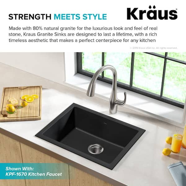 Drop-in/Undermount Granite Composite 24 in. Single Bowl Kitchen Sink Kit in Black