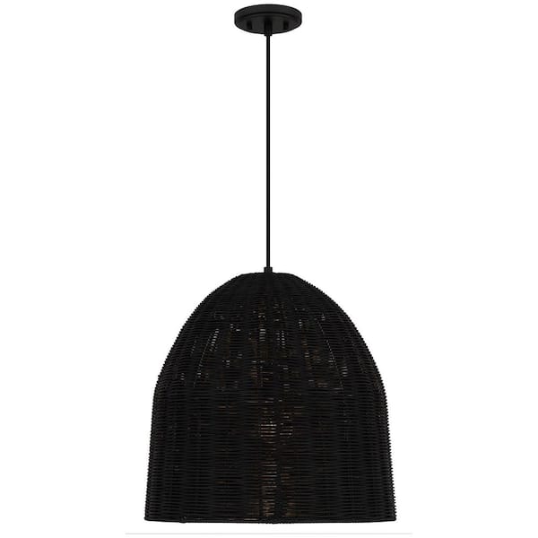 Highler 1-Light Matte Black Pendant with Matte Black Rattan Shade
