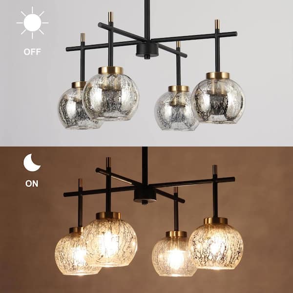 21 in. 4-Light Brass Island Pendant Light, Modern Farmhouse Black Sputnik Dining Room Chandelier with Mercury Glass