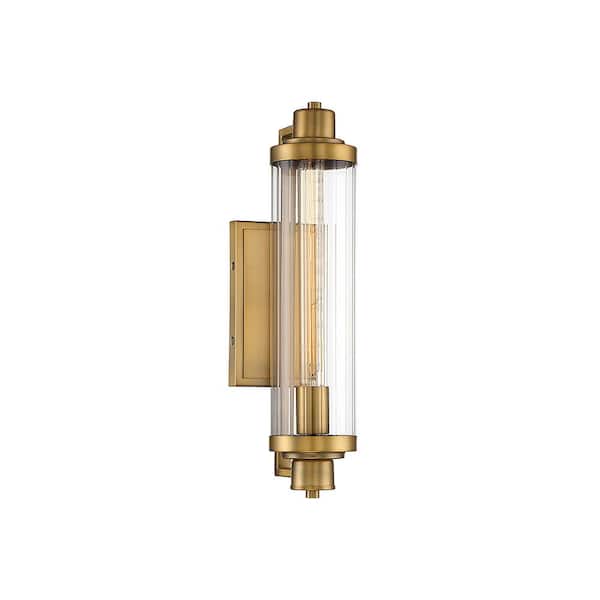 Pike 4.5 in. W x 15.25 in. H 1-Light Warm Brass Wall Sconce with Clear Ribbed Glass Shade