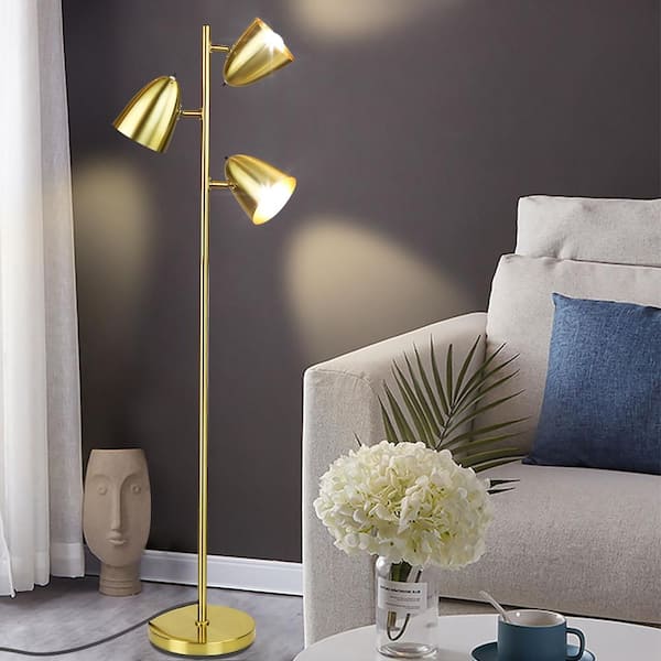 65 in. 3-Light Standing Tree Lamp, Matte Gold Floor Lamp with Large Weighted Base