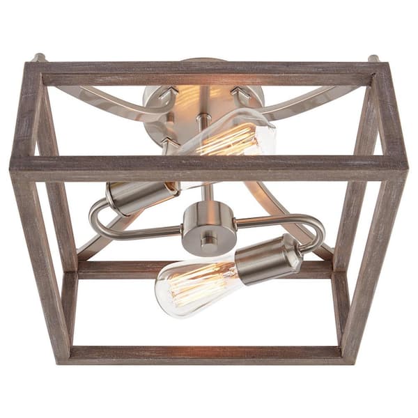 Boswell Quarter 12-1/2 in. 2-Light Brushed Nickel Farmhouse Semi-Flush Mount with Painted Weathered Gray Wood Accents