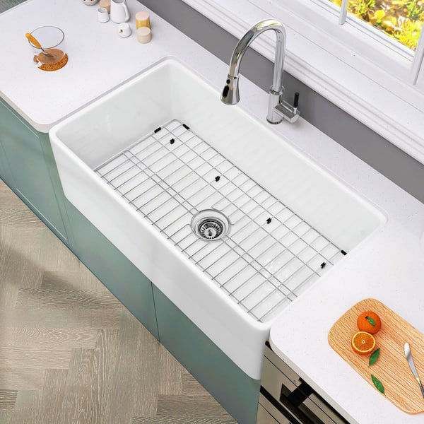 Classico White Fireclay 36 in. Single Bowl Farmhouse Apron Front Kitchen Sink with Bottom Grid and Strainer