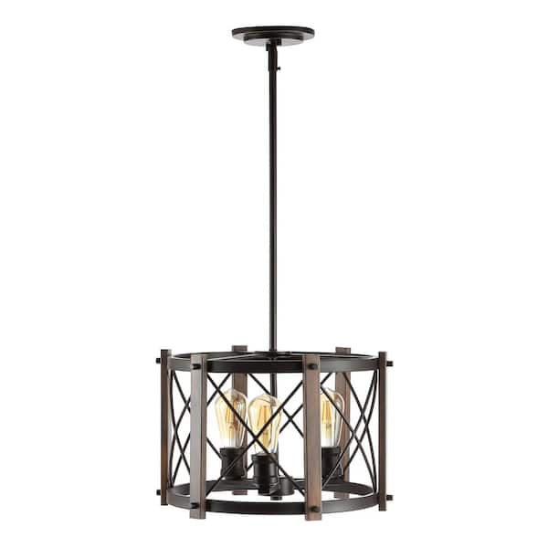 Ferme 16 in. 3-Light Oil Rubbed Bronze/Brown Adjustable Iron Rustic Farmhouse LED Pendant