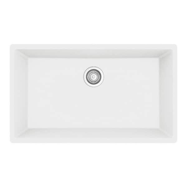 32.5 in. Large Single Bowl Undermount Kitchen Sink in White with Bottom Grid and Strainer