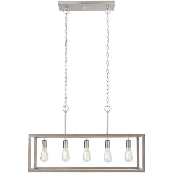 Boswell Quarter 5-Light Brushed Nickel With Weathered Wood Accents Coastal Linear Island Chandelier Bulbs Included