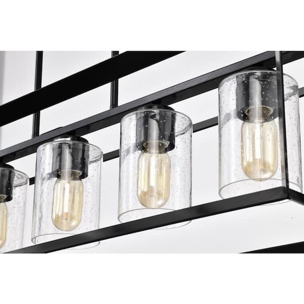 Richard 5-Light Antique Black Rectangular Kitchen Island Chandelier with Seeded Glass Shades