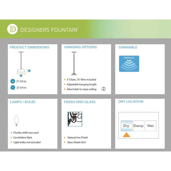 Barcelona 9-Light Hanging Natural Iron Chandelier