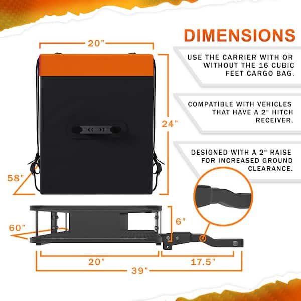 500 lbs. Capacity Hitch Mount Cargo Carrier Basket, 16 cu. ft. Cargo Bag , Thick Straps, Foldable Shank and 2 in. Raise