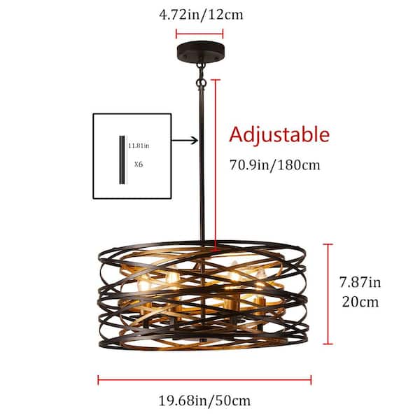 Industrial 6-Light Drum Black Cage Chandelier Farmhouse Metal Hanging Light Fixture