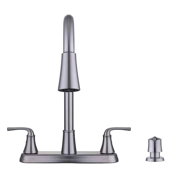 Sadira Double Handle Pulldown Sprayer Kitchen Faucet with Soap Dispenser in Stainless Steel