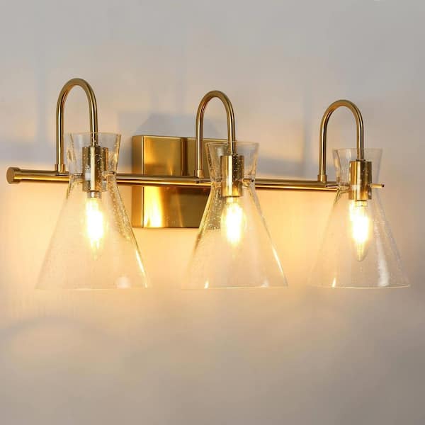 Modern Bell Bathroom Vanity Light, 3-Light Brass Gold Wall Sconce Light with Seeded Glass Shade